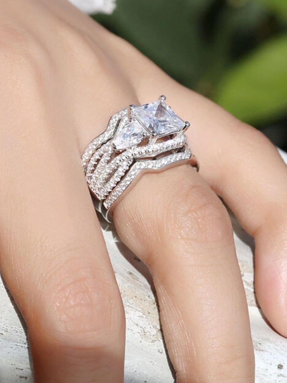Julia Sterling Silver Brilliant Princess-Cut White Stone Silver-Bridal Ring Set - Picture 5 of 13